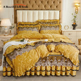 Luxury Gold Yellow Crystal Velvet Lace Embroidery Bedding Set, Thick Duvet Cover Set, Quilted Bed Skirt, Bedspread Pillowcases