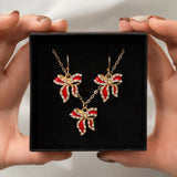 Elegant Exquisite Rhinestone Bow Pendant Necklace Drop Earrings Women Wed Bridal Bowknot Thin Chain Jewelry Set With Gifts Box