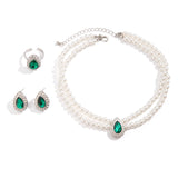 3Pcs Elegant Exquisite Green Rhinestone Imitation Pearl Chain Necklace Stud Earrings for Women Goth Engagement Rings Jewelry Set