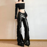 Bomve Hot Girls Mesh Splicing PU Flare Pants For Women High Waist Slim Fit Club Party Female Black Long Trousers Summer