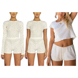 Bomve-Women Spring Summer Two Pieces Knitted Shorts Set Long Sleeve Floral T-shirts Crop Tops High Waist Shorts Outfits Streetwear