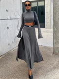 Bomve Loose Side Slit Skirt Two Piece Sets Womens Outfits 2024 Women Dress Sets Short Long Sleeve Hoodies And Skirts Suit Femme