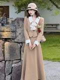 Bomve-French Women Spring 2 Pieces Set Elegant Long Sleeve Blazer Bow Top Casual A-line Midi Skirt 2023 Spring Solid Lady Clothes