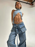 Bomve Bandage High Waisted Baggy Jeans Women Blue Pockets Lace Up Cargo Pants Woman Street Casual Oversized Denim Pant Femme