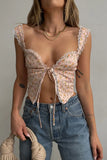 Bomve-Floral Lace Crop Top y2k Patchwork Tie Up Corset Top Mesh Sexy Retro Mini Vest Women Beach Chic Tee Summer 2022 New Cami