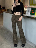 Bomve-KBQ Leopard Print Vintage Flare Jeans For Women High Waist Patchwork Button Colorblock Denim Pants Female Fashion Clothing New