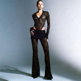 Bomve Sexy Women Lace Pants Set Summer Sheer Mesh Long Sleeve Rompers and Flared Pants Suit 2 Piece Outfits Streetwear