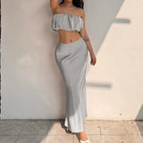 Bomve One-Shoulder Strap Crop Top Slim Skirt Suit For Women Sexy Satin Top Solid Long Skirt Female Party Summer Two Pieces Set