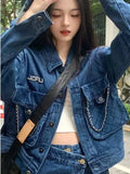 Bomve-Streetwear Blue Cowboy Tops Coat Asymmetrical Design Lace Up Denim Mini Skirt Autumn Three Piece Sets Womens Outfits