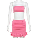 Bomve Pleated Sexy Skirt Set Women Fashion Street Crop Strapless Tank Top Casual Low Waist Wrapped Hip Short Skirts Suit