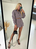 Bomve OL Outfits Womens Two Piece Set Plaid Long Sleeve Shirts High Wasit Wide Legs Shorts Elegant Korte Suits Outfits 2 Piece