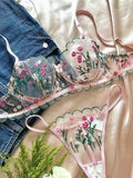 Bomve- floral Lingerie Set Women 2-Piece Sheer Embridery Lace Bra + Thong Underwear Set Sexy Intimates