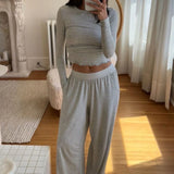 Bomve Women 2 Piece Pajama Set Long Sleeve Crop Tops and Elastic Wide Leg Pants for Loungewear Soft Sleepwear for Nightwear