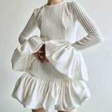 Bomve Elegant High Waist Paneled Mini Dress Women's White Long Sleeve Short Dress Knitted Slim Fit Pleated Party Mini Dress