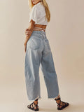 Bomve Women's Vintage Grunge Wide Leg Jeans High Waist Tasseled Trim Loose Denim Long Trousers with Pockets Streetwear