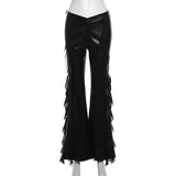 Bomve Hot Girls Mesh Splicing PU Flare Pants For Women High Waist Slim Fit Club Party Female Black Long Trousers Summer