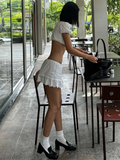 Bomve Spliced Lace Bow Mini Skirt Set Women Crop Short Sleeve Top Low Rise Short Skirt Suit Hottie Slim Outfit Streetwear