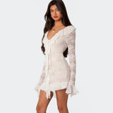 Bomve Women Sexy See Through Lace Mini Dress Low Cut Long Sleeve Bodycon Short Dress Y2K Fairy Grunge Party Club Dress