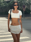 Bomve Spliced Lace Bow Mini Skirt Set Women Crop Short Sleeve Top Low Rise Short Skirt Suit Hottie Slim Outfit Streetwear