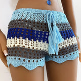 Bomve Women Crochet Hollow-Out Sarongs Contrast Stripe See-Through Knit Beach Shorts Summer Bikini Bottoms Cover Up