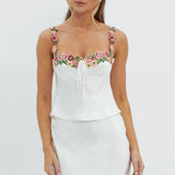 Bomve Embroidery Flowers Sleeveless Strap Camis Crop Tops Summer Clubwear Sexy Women Low Cut Push Up Tank Bustiers Corsets