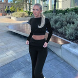 Bomve Women 2 Piece Spring Outfits Solid Color Long Sleeves Crop Tops and Bootcut Pants Set Streetwear Aesthetic Clothes