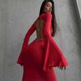 Bomve Fashionable High Neck Slit Long Dress Women's Sexy Backless Slim Dress Elegant Red High Waist Long Sleeve Evening Dress