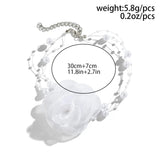 Bomve Elegant White Big Rose Flower Clavicle Chain Necklace for Women Wed Imitation-Pearl Rope Choker Aesthetic Neck Jewelry