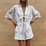 Bomve-Elegant Lace Casual Solid Two Piece Outfits Shorts Sets Lace Up Hollow Half Sleeve Hollow Shirts+Loose Shorts Matching Suits