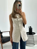 BOMVE 2024 Summer Long Vests for Women Chic O-Neck Sleeveless Single-breasted Vest Top Ladies Striped Vests Waistcoat New In