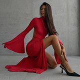 Bomve Fashionable High Neck Slit Long Dress Women's Sexy Backless Slim Dress Elegant Red High Waist Long Sleeve Evening Dress