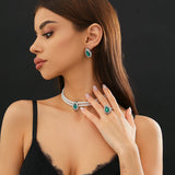 3Pcs Elegant Exquisite Green Rhinestone Imitation Pearl Chain Necklace Stud Earrings for Women Goth Engagement Rings Jewelry Set