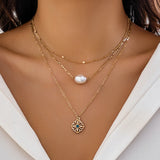 3Pcs/Set Classic Hollow Geometric Pendant Choker Necklace for Women Wed Bridal Vintage Imitation Pearl Chain Y2K Jewelry Gift