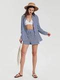 Bomve Women High Street Striped Shorts Set Long Sleeve Lapel Collar Button Down Shirts+Waist Tie Shorts Set 2-piece Outfits