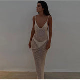 Bomve Knitted Hollow Women's Suspender Cover Up Dresses Summer Backless Split Cut Out Maxi Robe Vestidos Sexy V Neck Beach Robes