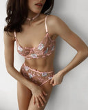 Bomve- Embroidery Lingerie Set Women Floral Boho 3-Piece Bra + Panty Underwear Set Sexy Intimates