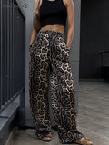 Bomve-Mnealways18 Leopard Printing Wide Legs Pants Women Casual High Elastic Waist Pants Street Style Female Pockets Long Pants 2024