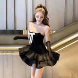 Bomve-Sexy Bow Slash Neck Strapless Dresses Summer Women's Dress New Solid Slim High Waist Fashion Slim A-line Wrapped Mini Dress