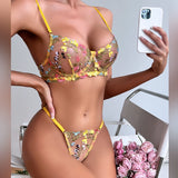 Bomve- 2-Piece Lace Bra Set Women Floral Embroidery Underwear Set Transparent Khaki Panty Set