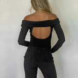 Bomve Off Shoulder Long Sleeve T-Shirt Chic Women Casual Backless Crop Tops 2024 Spring Fall Slim Fit Bottoming Shirt