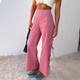 Bomve-Women Spring Summer y2k Plaid Print Loose Long Pants Side Tie Bow Wide Leg Pants High Waist Gingham Trousers Loungewear Pants