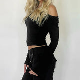 Bomve Off Shoulder Long Sleeve T-Shirt Chic Women Casual Backless Crop Tops 2024 Spring Fall Slim Fit Bottoming Shirt