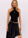 Bomve Asymmetric Slit Mini Skirt Set Women Satin Panel Shirring Halter Tank Top Low Rise Short Skirt Hottie Outfit Streetwear