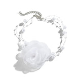 Bomve Elegant White Big Rose Flower Clavicle Chain Necklace for Women Wed Imitation-Pearl Rope Choker Aesthetic Neck Jewelry