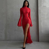 Bomve Fashionable High Neck Slit Long Dress Women's Sexy Backless Slim Dress Elegant Red High Waist Long Sleeve Evening Dress