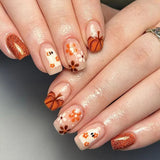 Bomve-Helloween sminken 24Pcs Orange Pumpkin Press on Nails Set Glossy Short Ghost with Flower Cute Halloween Fake Nails for Women&girls Halloween Wear