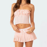 Bomve Y2K Outfits Sweet Cute Bow Strapless Tube Crop Tops Bandeau+Pleated Mini Skirt Fairycore Aesthetic 2 Pcs Set Streetwear