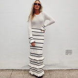 Bomve Knitted Striped Ruffle Long Dress Women's Fashion Luxury Party Dress Elegant See-through Color Block Knitted Long Dress