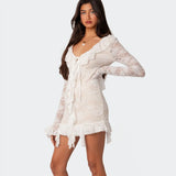 Bomve Women Sexy See Through Lace Mini Dress Low Cut Long Sleeve Bodycon Short Dress Y2K Fairy Grunge Party Club Dress