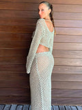 Bomve Womens Summer 2Pieces Crochet Hollow out Swimsuit Cover Ups Off Shoulder Knit Crop Pullovers+Long Skirt Set Beachwear